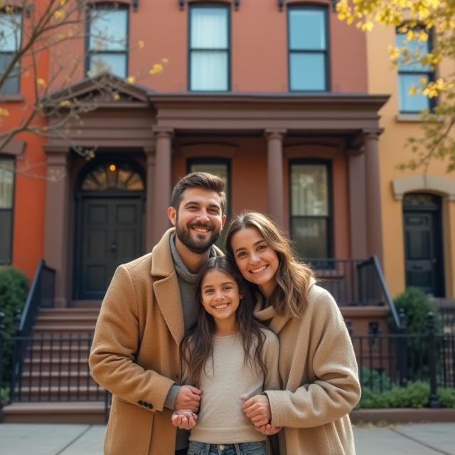 Happy family in front of brownstone house