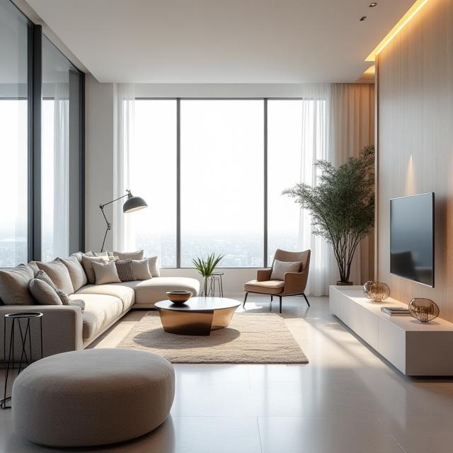 Modern condo interior with floor-to-ceiling windows