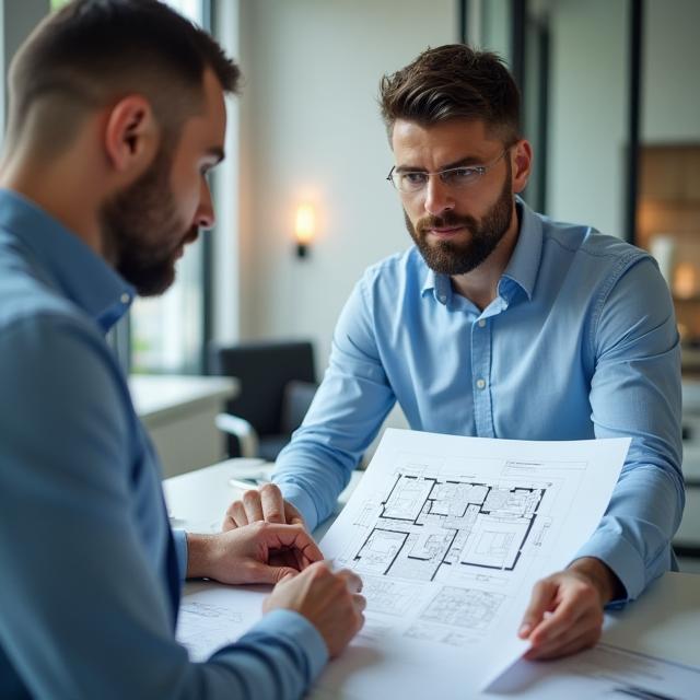 Client reviewing floor plans with agent